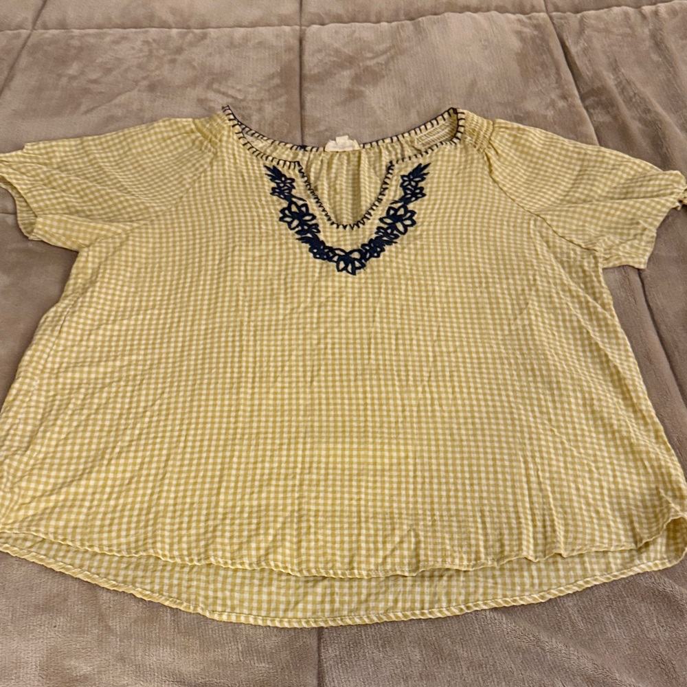 Hem & Thread Yellow Gingham Blouse with Navy Embroidery